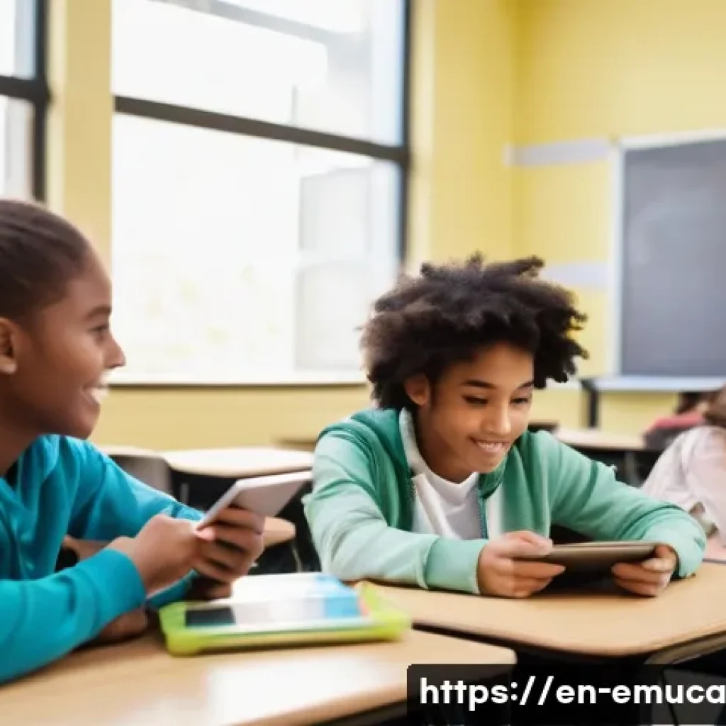 자율적 교육 방법론의 교수법 혁신 - A modern classroom scene showing diverse middle school students actively engaged in a flipped classr...