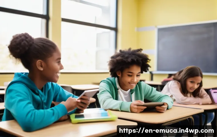 자율적 교육 방법론의 교수법 혁신 - A modern classroom scene showing diverse middle school students actively engaged in a flipped classr...