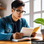 Home 21 자율적 학습자를 위한 독서 목록 - A cozy, sunlit home office scene featuring a young adult sitting at a wooden desk surrounded by book...
