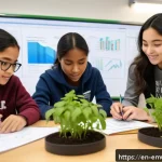 Home 19 자율적 교육 방법론 적용 사례 - A vibrant classroom scene showing diverse students engaged in a collaborative project-based learning...