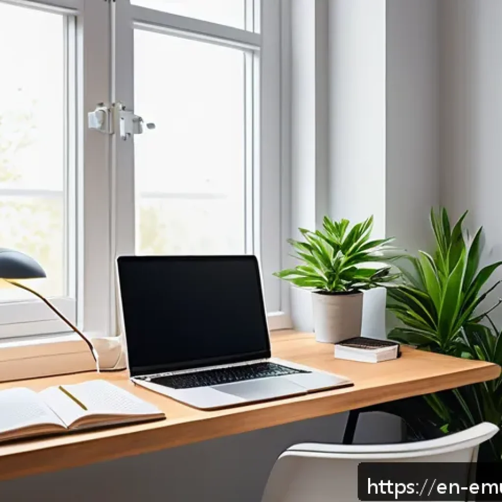 자율적 교육 방법론의 최적화 방안 - A modern, cozy study space designed for maximum focus: a minimalist wooden desk by a large window wi...