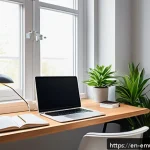 Home 18 자율적 교육 방법론의 최적화 방안 - A modern, cozy study space designed for maximum focus: a minimalist wooden desk by a large window wi...