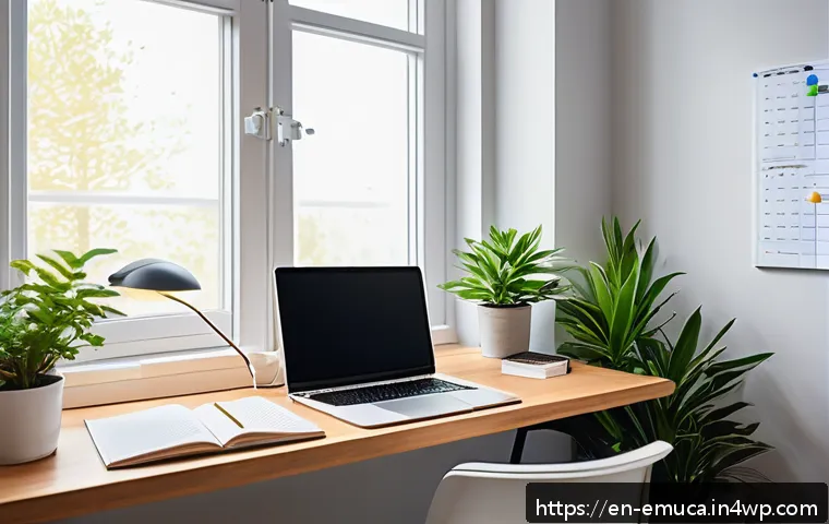 자율적 교육 방법론의 최적화 방안 - A modern, cozy study space designed for maximum focus: a minimalist wooden desk by a large window wi...
